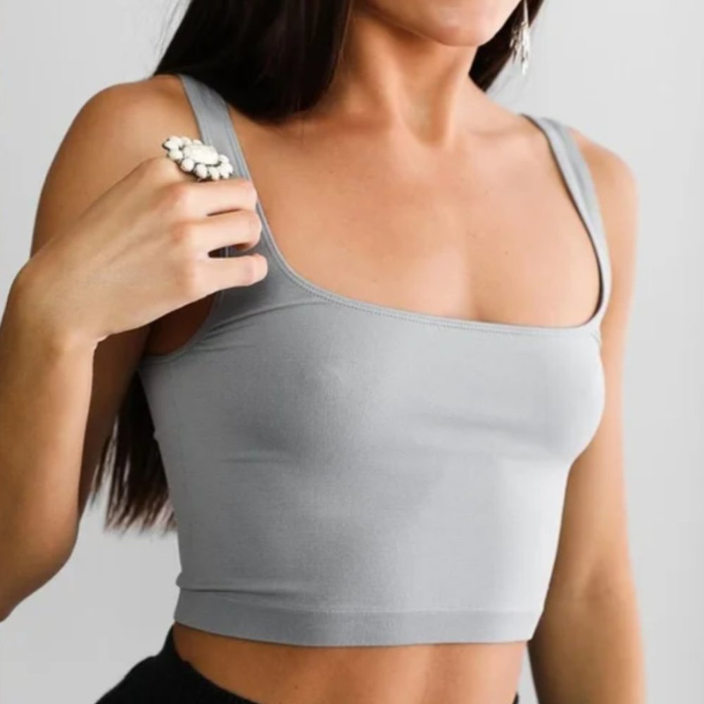 Free People Scoop Neck Crop Tank Top Cami NWT NEW M/L Silver Brooke Grey Gray